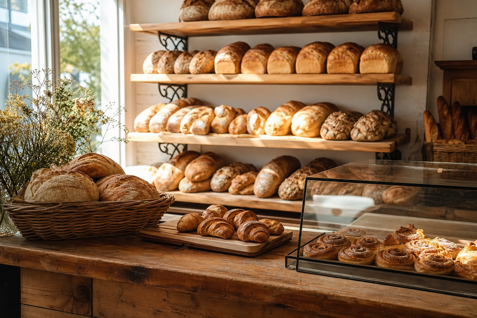 Baker shaping dough in a warm timber bakehouse
