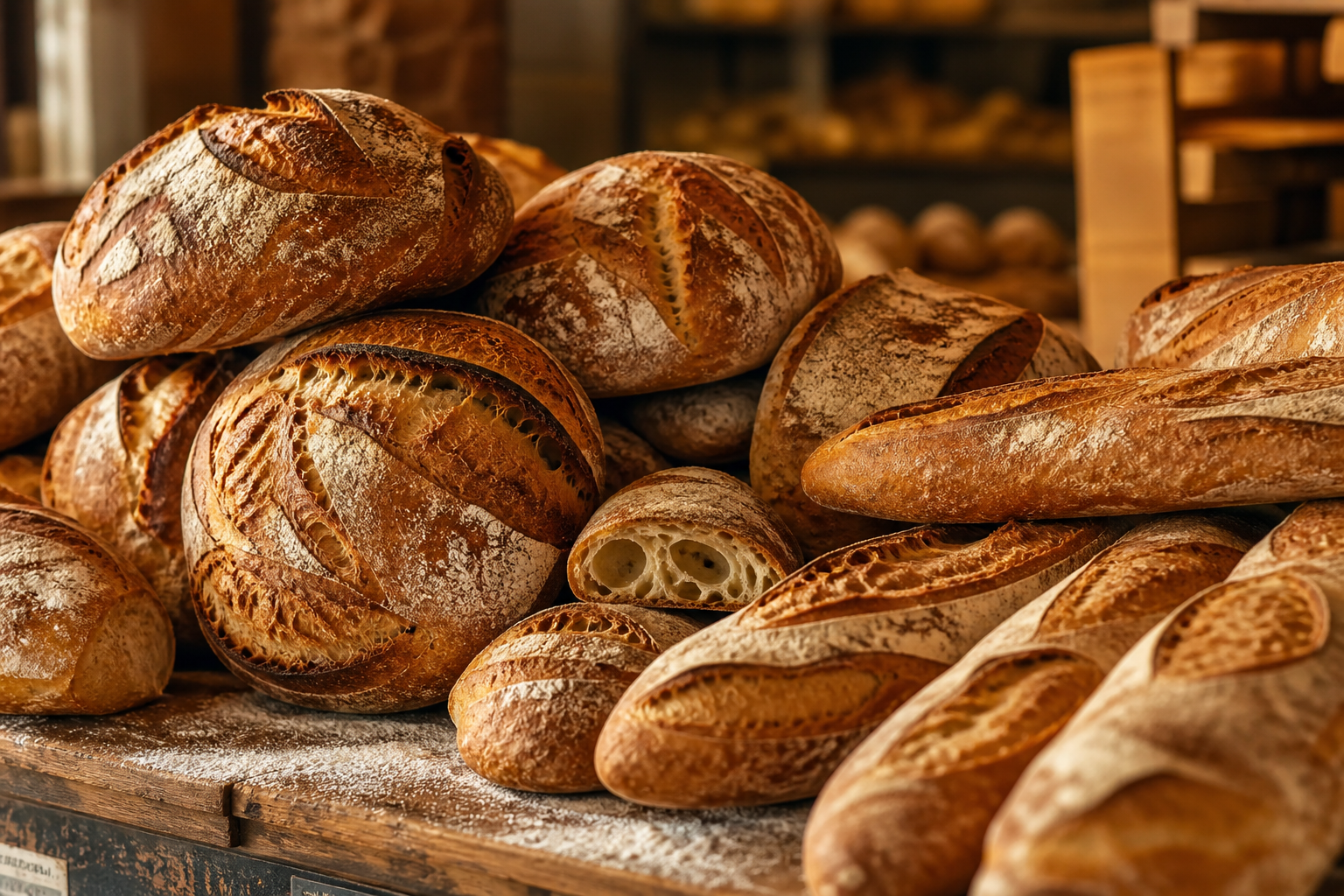 Assorted sourdough loaves on bakery shelves