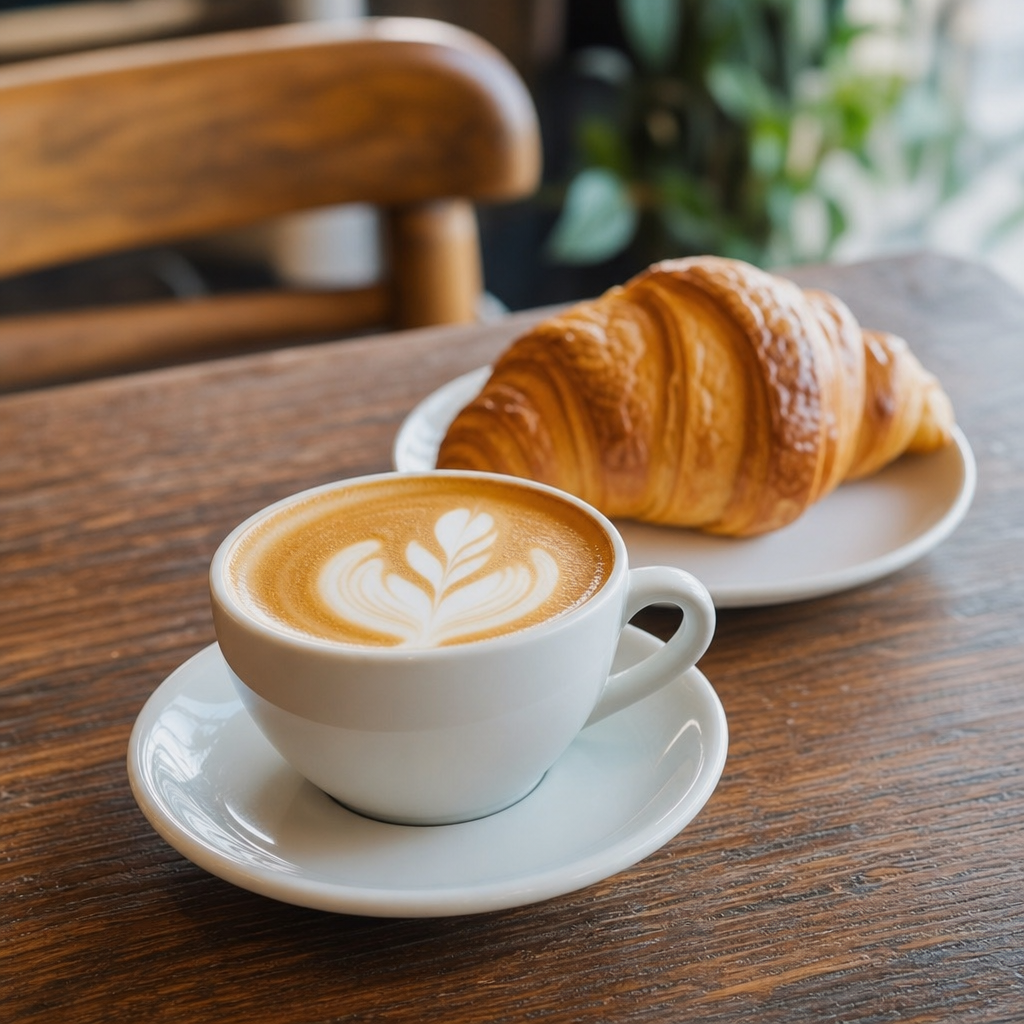 Coffee served beside a pastry at the bakery
