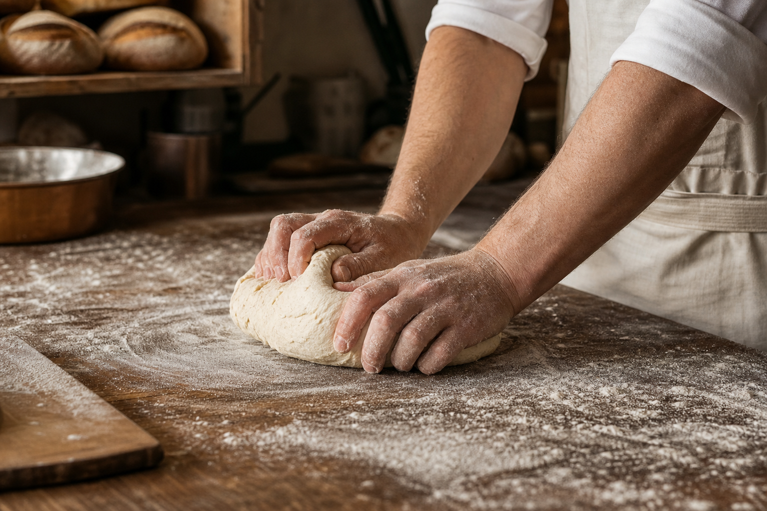 Hands folding dough on a floured bakery bench