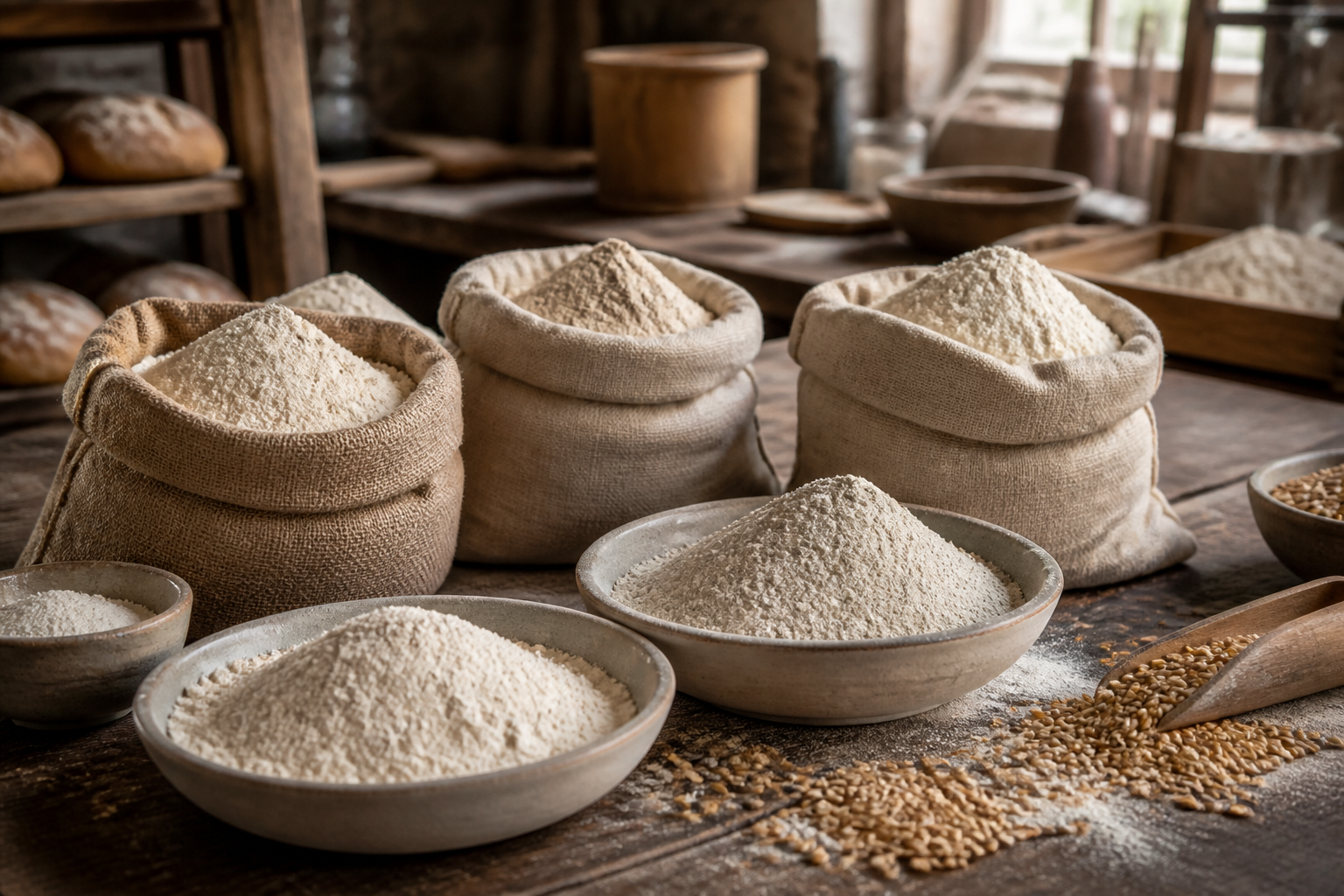 Linen sacks of flour on a wooden bakery table