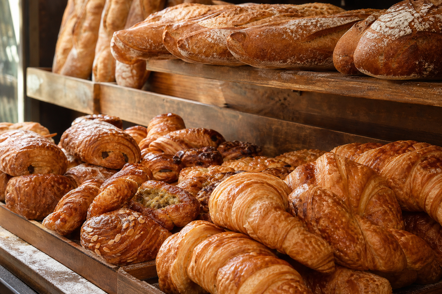 Warm timber bakery shelves with fresh loaves at dawn