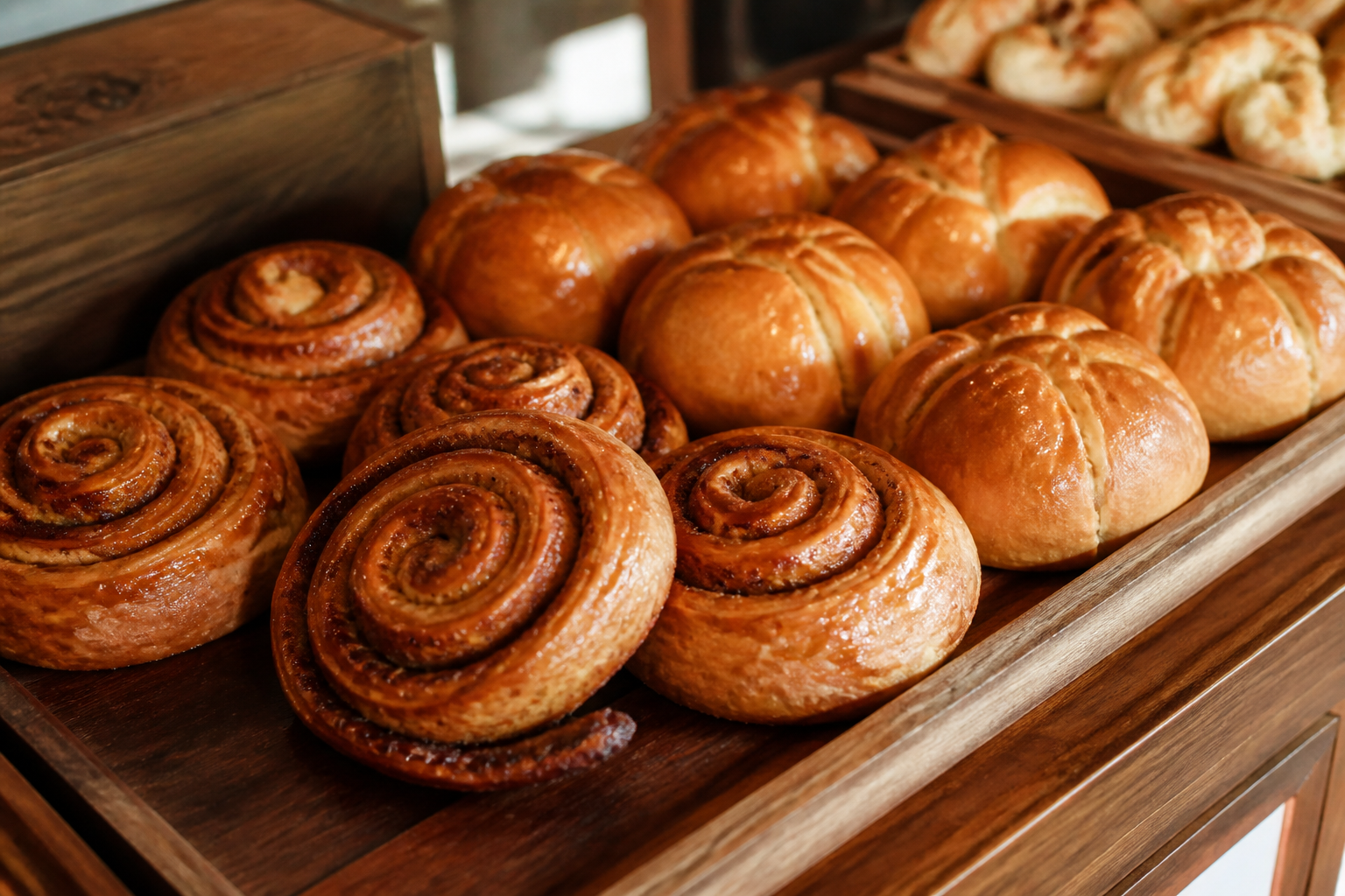 Fresh viennoiserie and pastries on a bakery counter