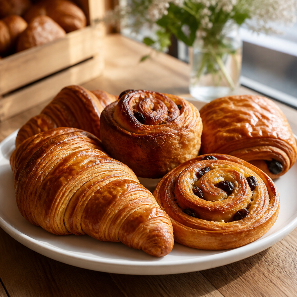 Sweet bakery pastries on a wooden tray