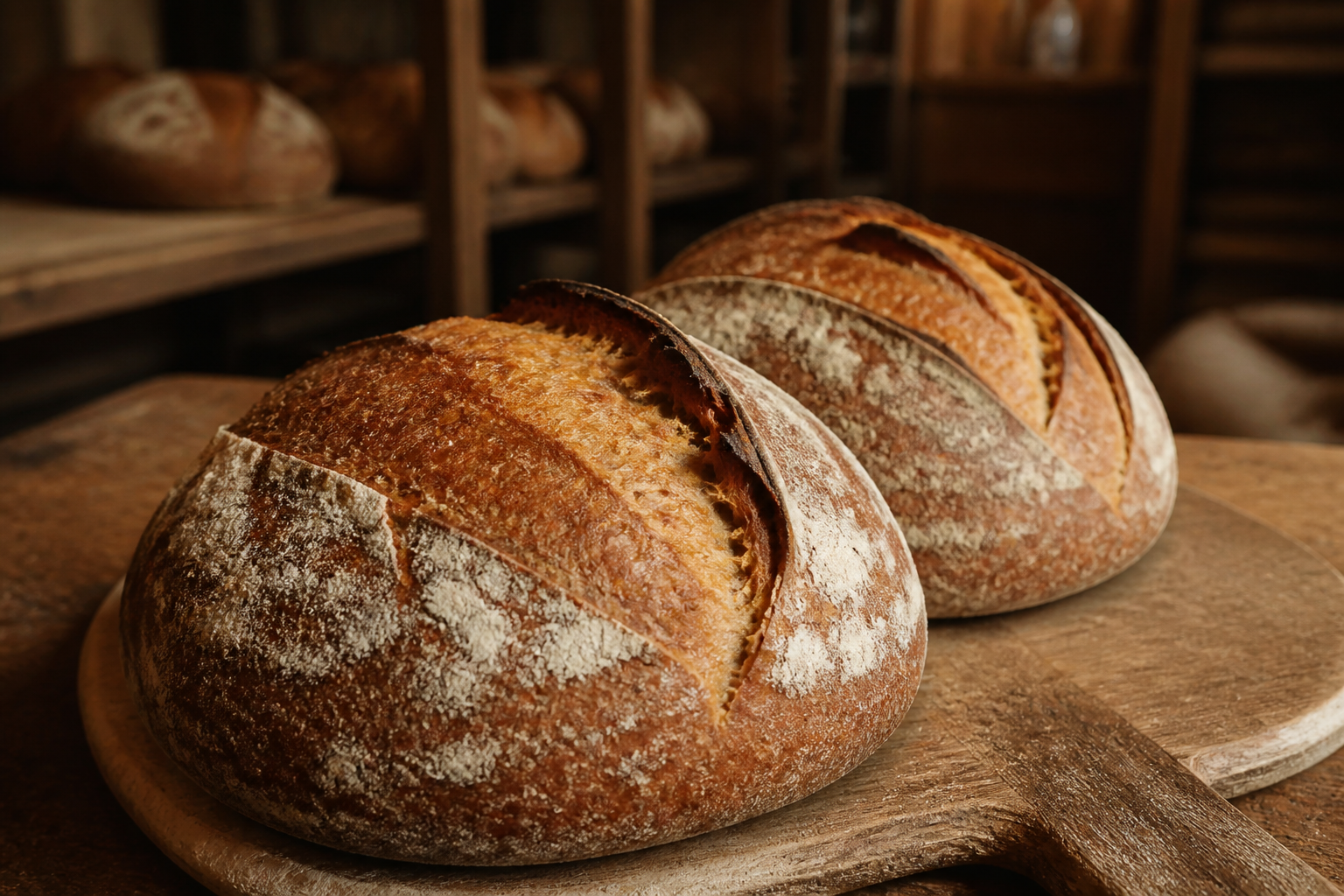 Rustic sourdough loaves with deep caramel crust