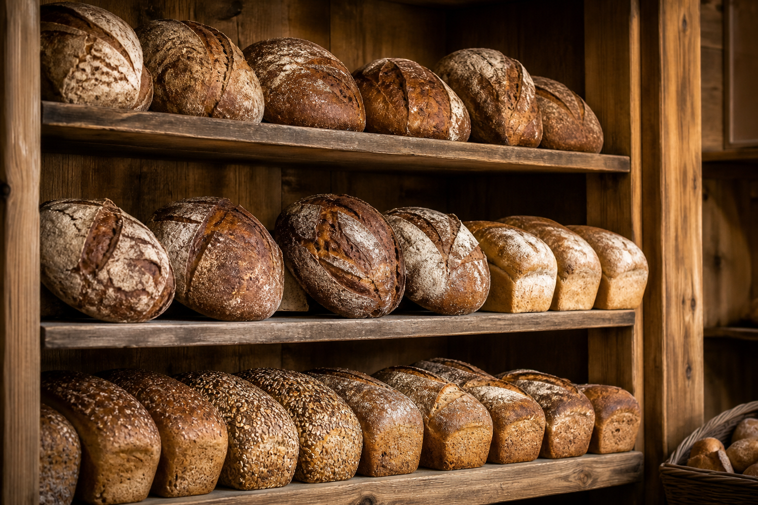 Bread shelf lined with fresh loaves