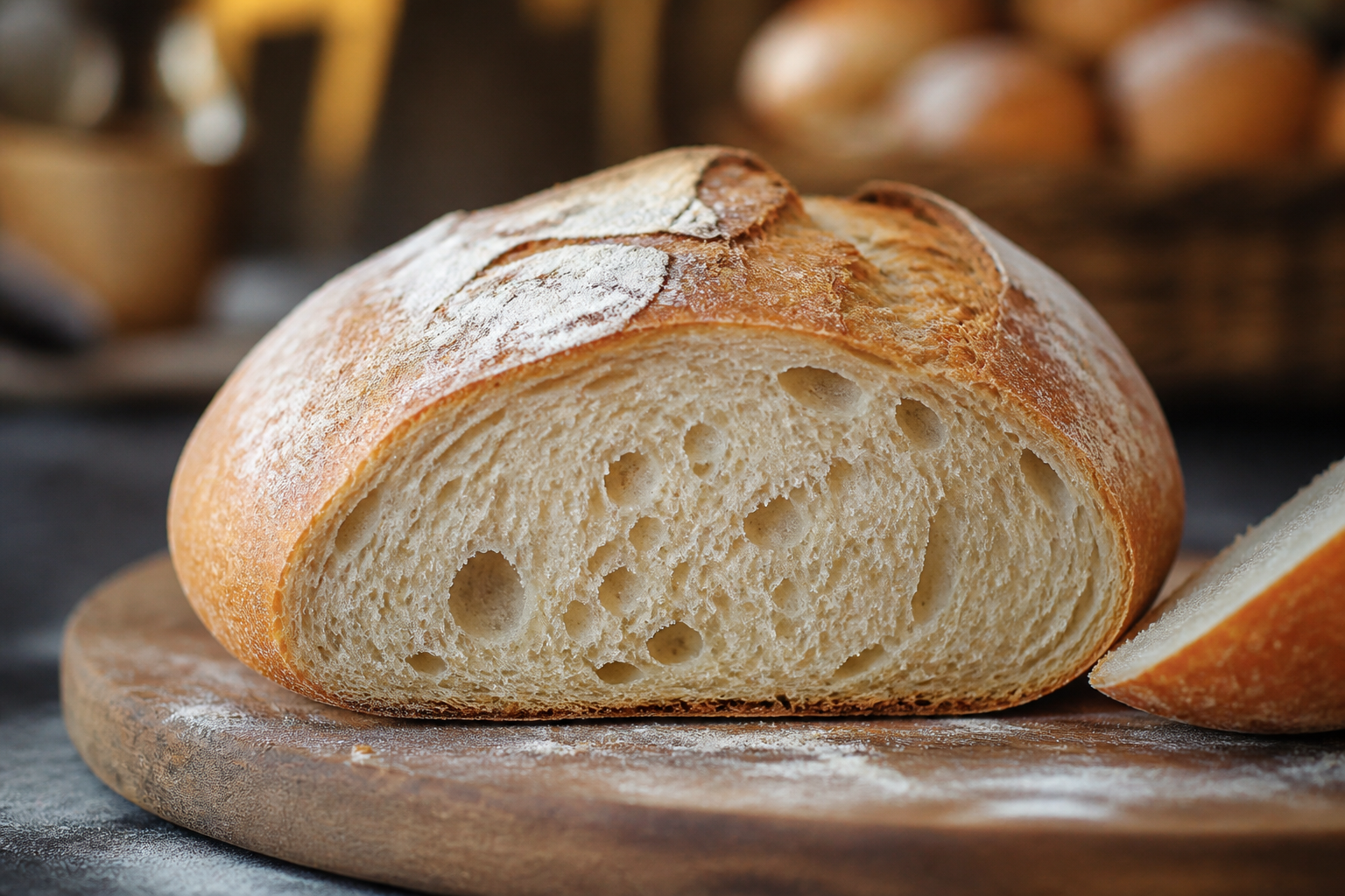 Wheat flour and dough on a wooden board